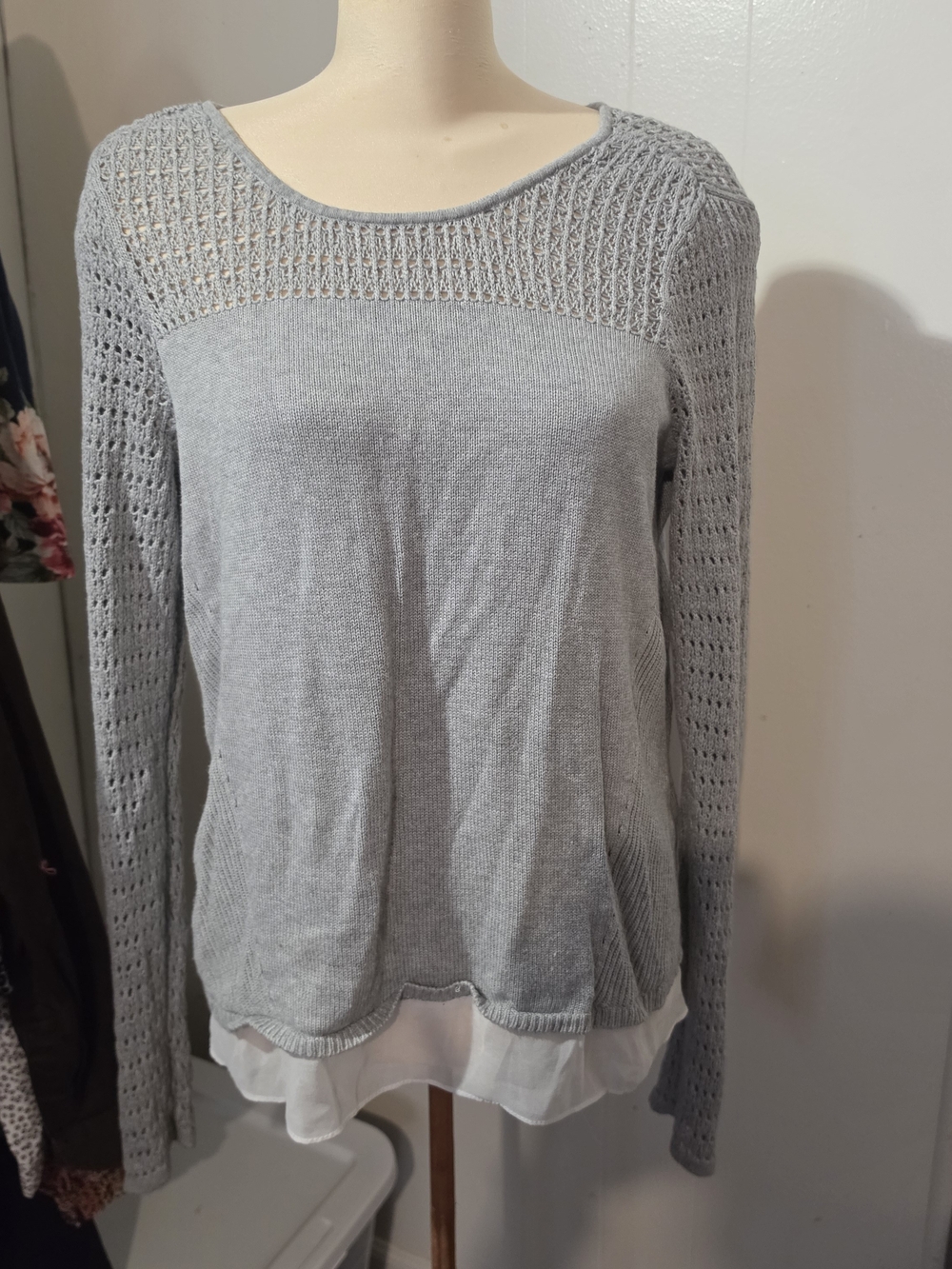 White House Black Market Gray Openwork Knit Top
